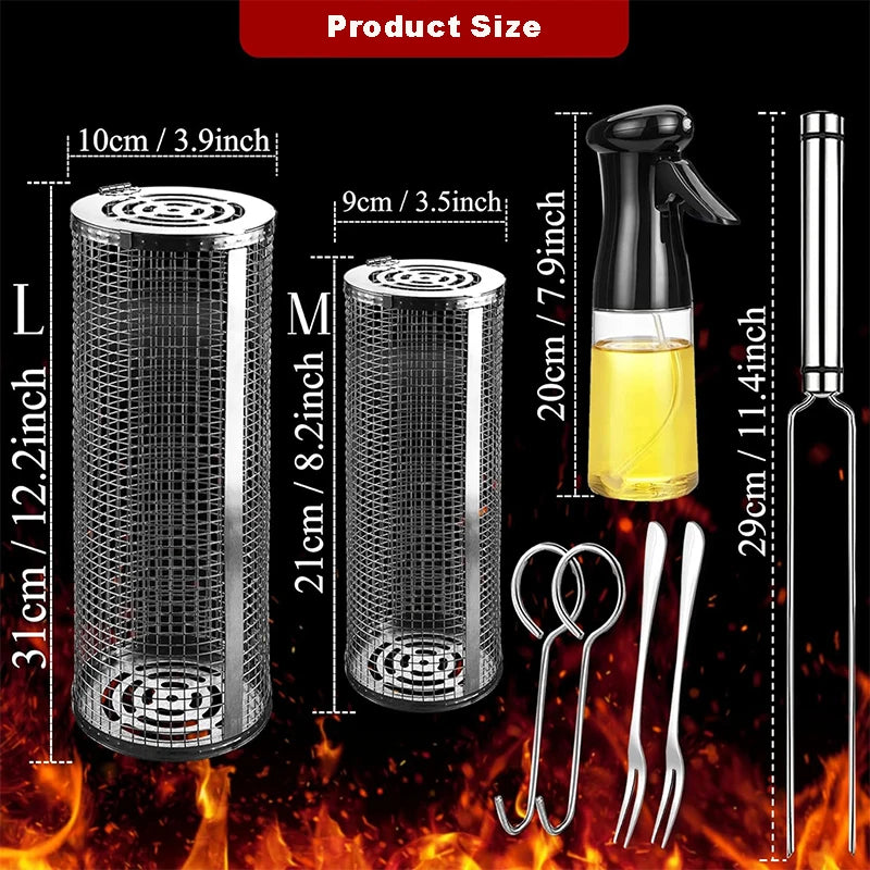 Cesta de churrasco de aço inoxidável rolando grelhar cesta de malha de arame cilindro grill cesta portátil redonda acampamento ao ar livre rack churrasco